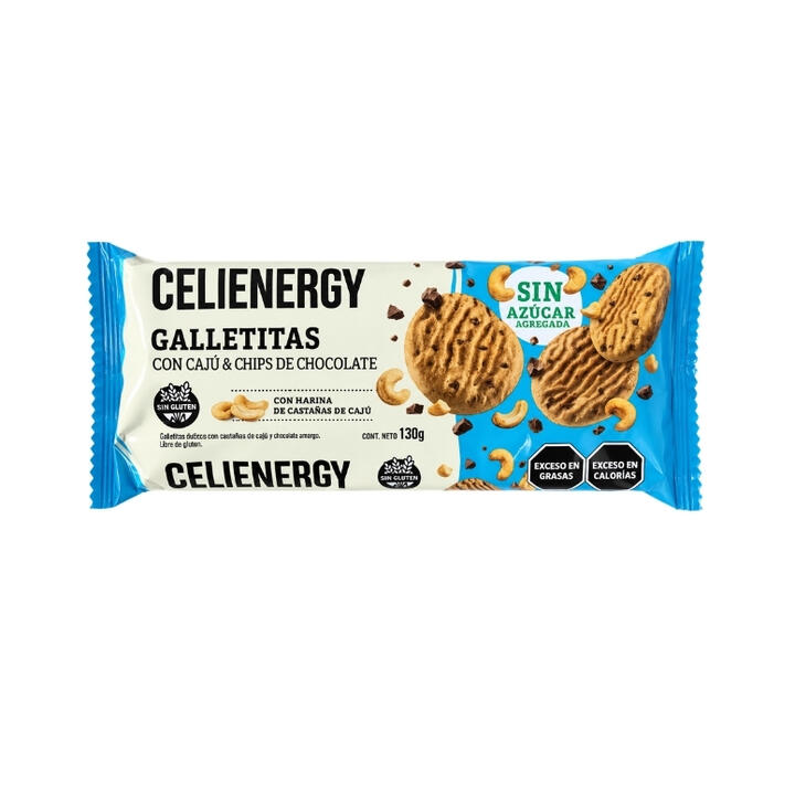 CELIENERGY GALLETITAS SIN AZUCAR CON CAJU Y CHIPS DE CHOCOLATE X 130 GR.
